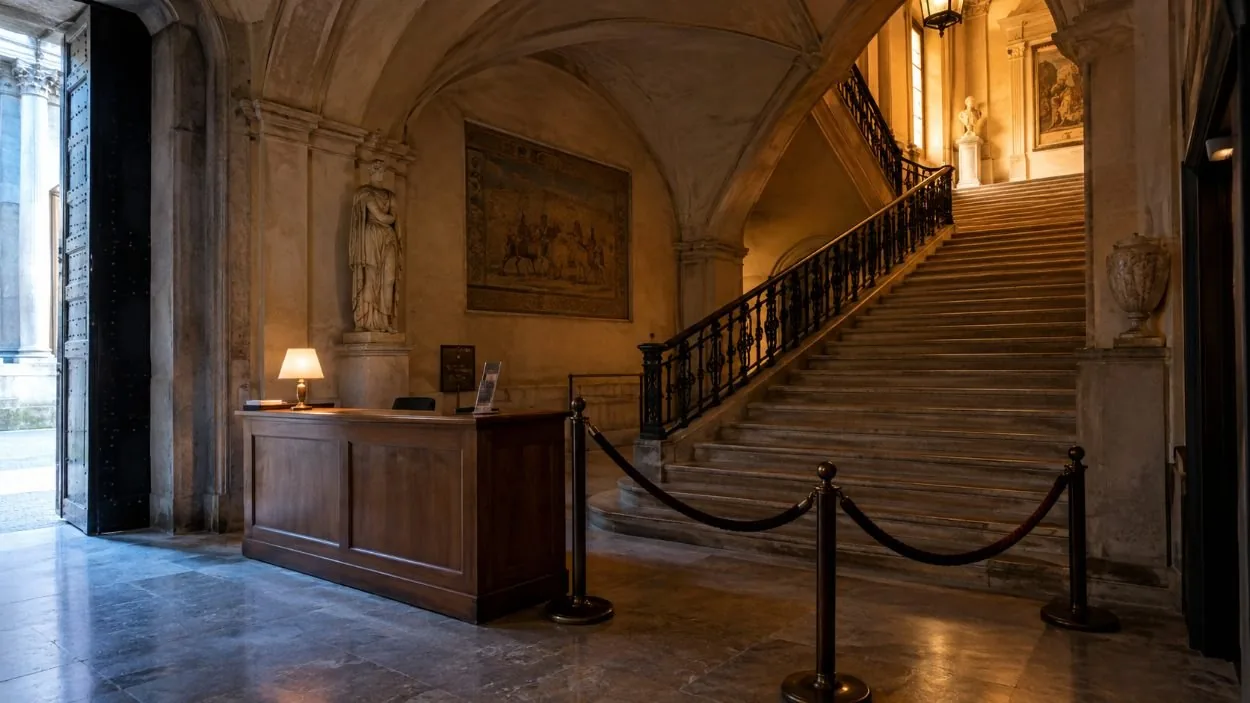 Der Ticketschalter und die Treppe ins erste Stockwerk in der Via del Corso 305, wo jede Doria Pamphilj-Buchung eingelöst wird