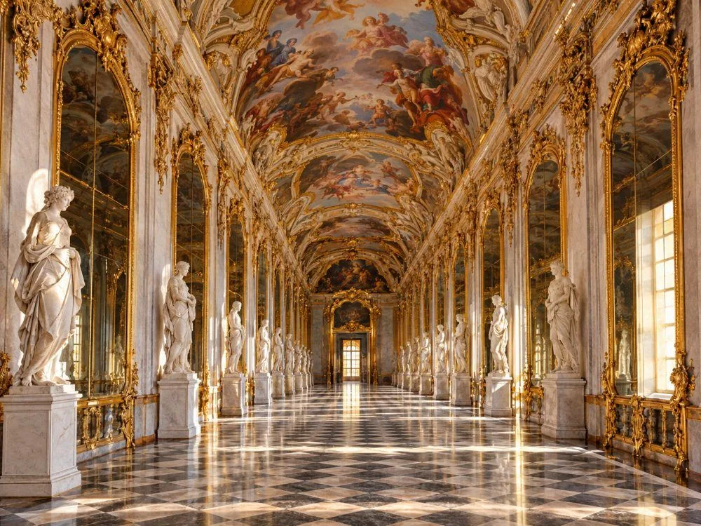 Der Spiegelsaal: goldgerahmte venezianische Spiegel, die sich mit klassischer Statuen unter einem freskengeschmückten Gewölbe abwechseln, entlang des zweiten Flügels.