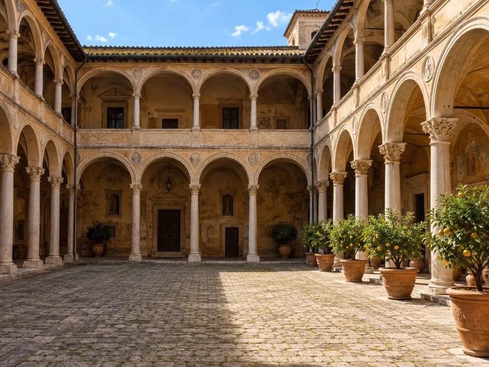 Der Renaissance-Innenhof im Zentrum des Palasts, Bramante zugeschrieben, mit Arkadengängen an allen vier Seiten.