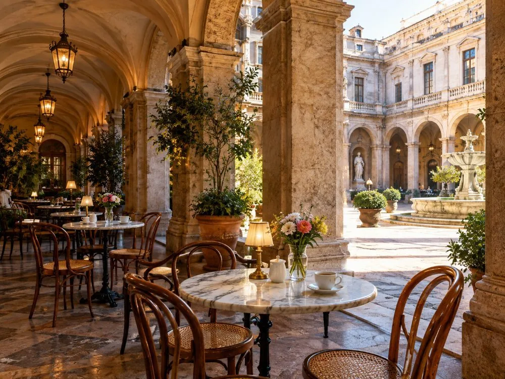 Caffè Doria unter der Innenhofarkade, der einzige Ort im Gebäude, an dem man essen oder trinken darf.