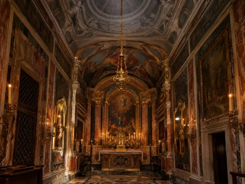 Die Kapelle, die von Carlo Fontana zwischen 1689 und 1691 entworfen wurde, mit ihrem bemalten Gewölbe und Berninis vergoldeter Bronzedeckenleuchte.