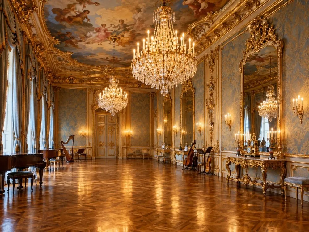Der Ballsaal: Kronleuchter und vergoldete Spiegel unter einer bemalten Decke, mit historischen Instrumenten an einer Wand.